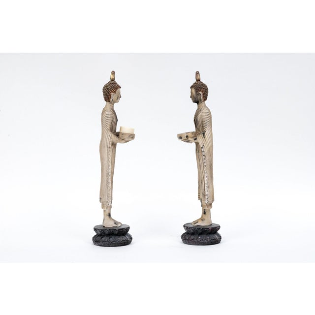 Vintage Carved Standing Terracotta Thai Buddha Statutes on Stand—A Pair For Sale - Image 4 of 9