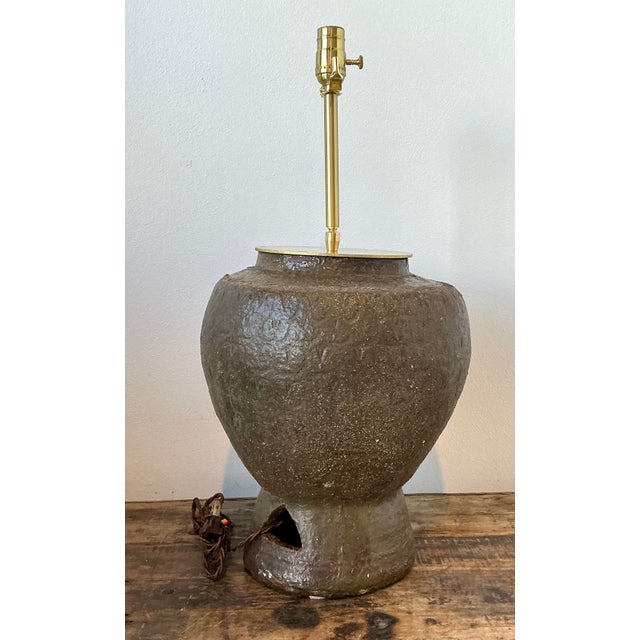 Rustic Vintage Biomorphic Glazed Terracotta Lamp For Sale - Image 3 of 12