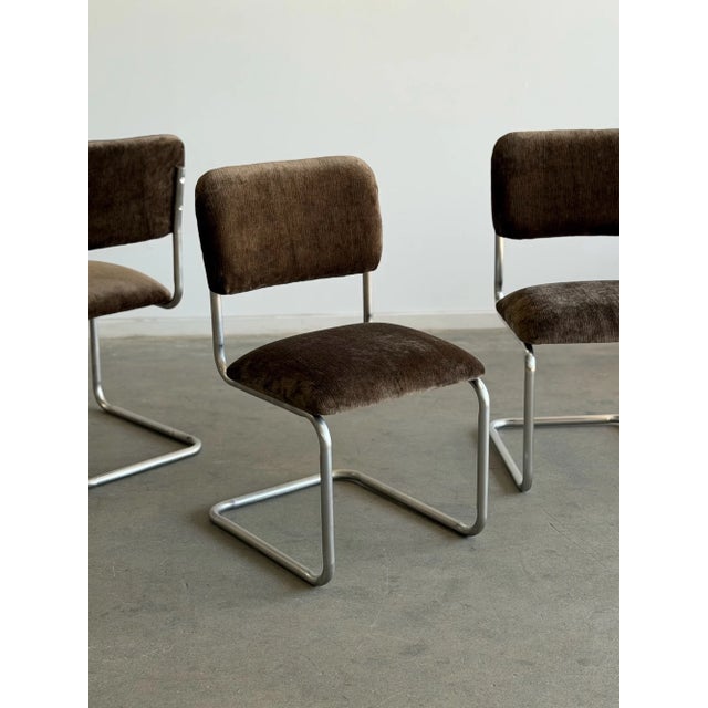 Mid-Century Modern 1970s Cantilever Dining Chairs in Brown Chenille - Set of 4 For Sale - Image 3 of 14