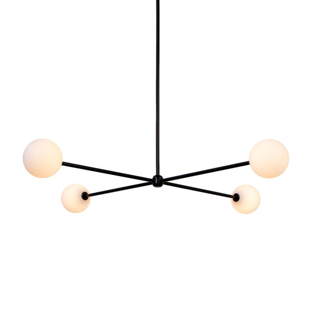 Metal Globe Chandelier 4, Black, 27.5in H, 5 Inch Glass Globes, by Research.Lighting, Modern, Minimal Hanging Light For Sale - Image 7 of 13