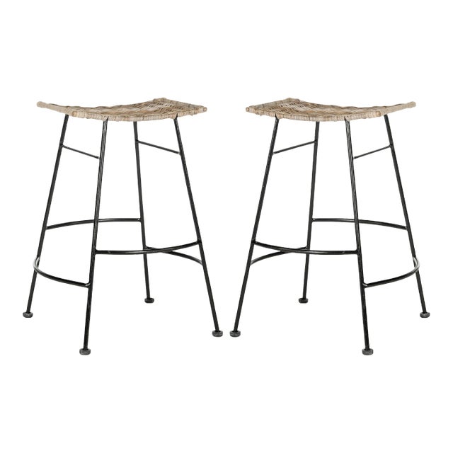 Reed Rattan Seat Counter Stool in Grey - a Pair For Sale