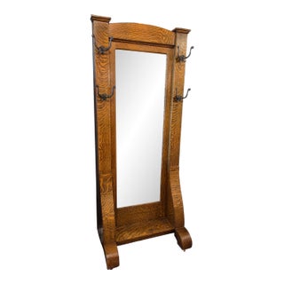 Early 1900s Quarter Sawn Oak Hall Tree Mirror For Sale