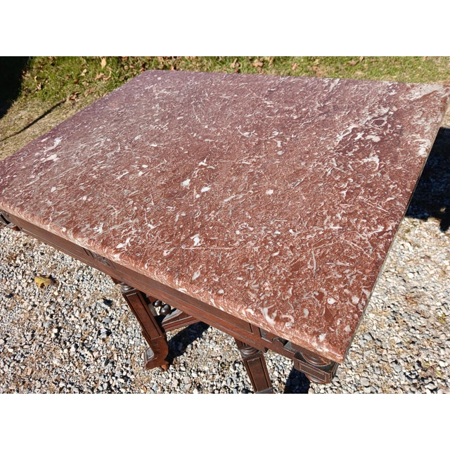 Antique Victorian Eastlake Walnut Parlor Table Chocolate Marble Stick and Ball 1880s For Sale - Image 12 of 17