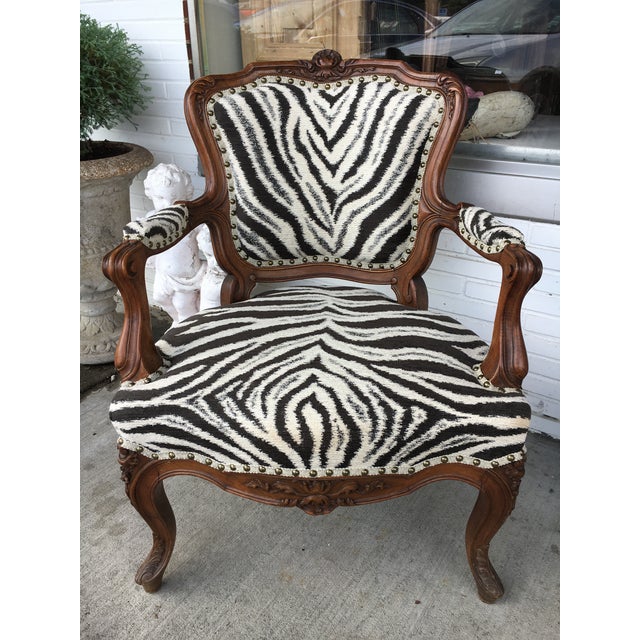 Great Comfy Antique French Fauteuil Chair. Masculine French Louis XV style newly reupholstered in Thibaut’s Zebra Velvet...
