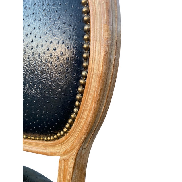 Pair of Elegant French Country Round Back Louis XVI-Style Side Chairs in Genuine Black Ostrich Leather For Sale - Image 11 of 11