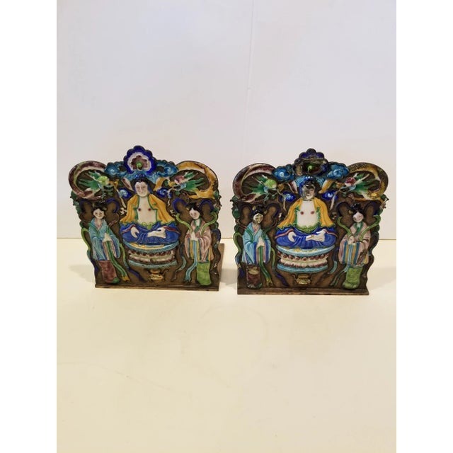 Blue 1920s Chinese Export Enamel Bookends For Sale - Image 8 of 12