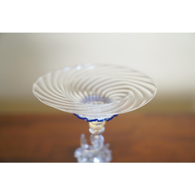 Vintage Venetian Murano-Style Dolphin Stem Glass Compote With Cobalt Rim For Sale - Image 11 of 11