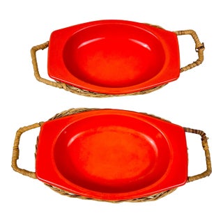 Vintage Mid-Century Modern 1960s Dynasty Ware Red Enamel Baking Serving Dishes Wicker Holders-a Pair For Sale