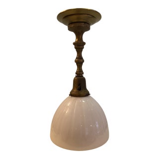 Vintage 1920s Brass Ceiling Fixture With Milk Glass Shade For Sale
