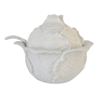 Rare Vintage Fitz and Floyd White Cabbage Leaf Soup Tureen With Asparagus Ladle For Sale