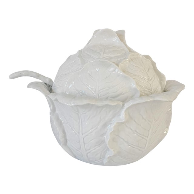 Rare Vintage Fitz and Floyd White Cabbage Leaf Soup Tureen With Asparagus Ladle For Sale