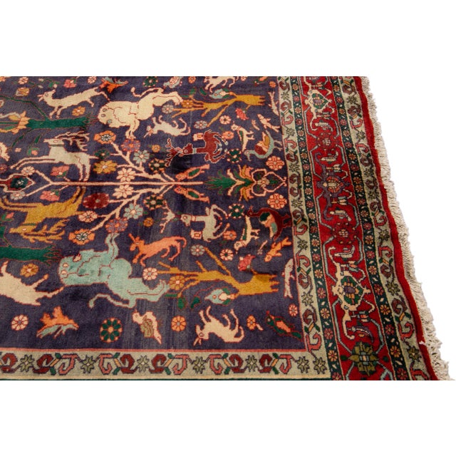 Vintage Shiraz Handmade Pictorial Designed Blue Wool Rug For Sale - Image 9 of 11