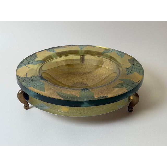 Metal Large Art Glass Centerpiece Bowl with Brass Stand, 2000 For Sale - Image 7 of 18