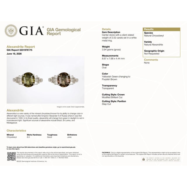 Gia Certified 2.62 Carat Oval Green Alexandrite & Diamond Platinum Vintage Ring, Size 5.75 For Sale - Image 9 of 12