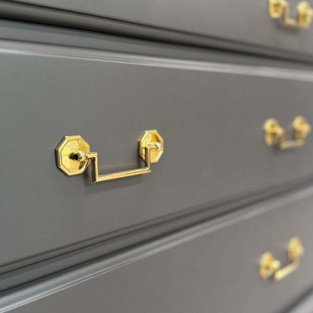 Wood Mid-Century 9-Drawer Lowboy Dresser, Brown Matte Lacquer, Polished Brass Hardware For Sale - Image 7 of 11