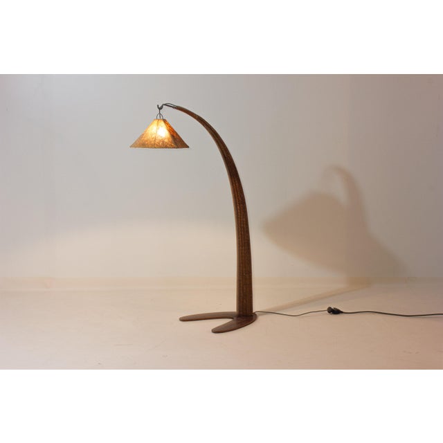 Italian Wood Arc Floor Lamp with Rattan Shade, 1970s For Sale - Image 18 of 18