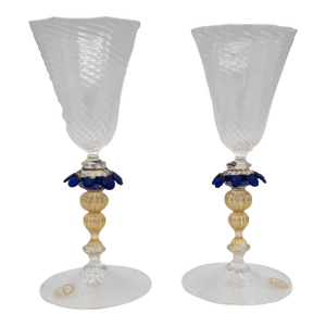 Pair of 1970s Murano Art Glass Hand Blown Wine Goblets
