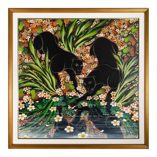 Gustavo Novoa, Panthers in Jungle Oil Painting Surrealist Art Gustavo Novoa Green Dark Mirror For Sale