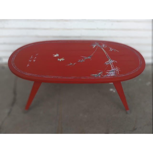 Chinese Folding Leg Red Lacquer Coffee Table With Mother of Pearl Inlay For Sale In Houston - Image 6 of 7