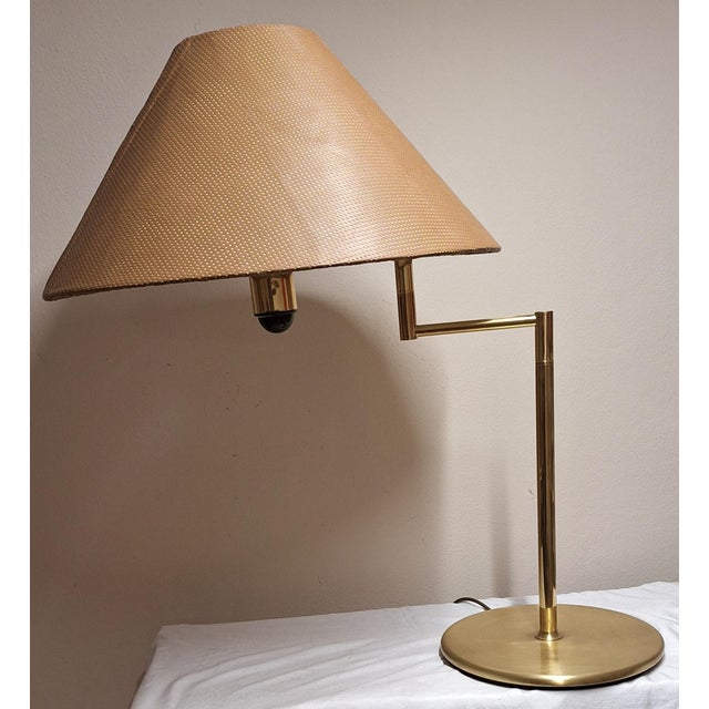 Beige Vintage Brass Table Lamp with Handmade Faux Leather Swivel Shade, 1970s For Sale - Image 8 of 16