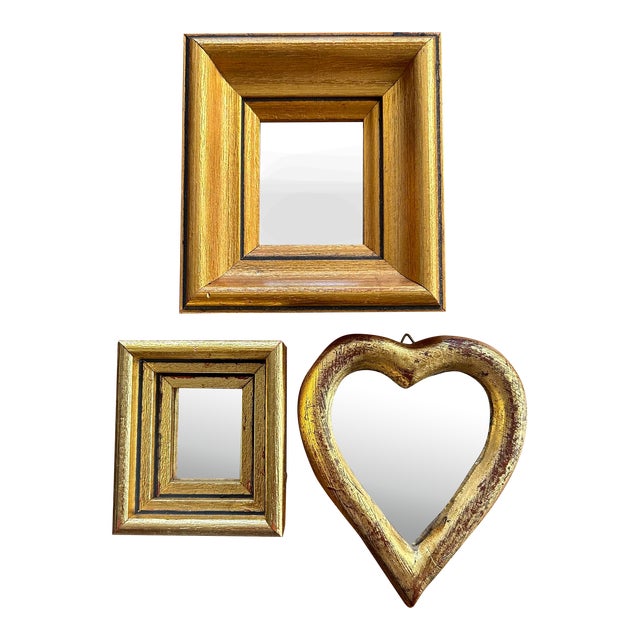 Vintage Set of Three Miniature Gold Framed Mirrors Heart and Square Shaped For Sale