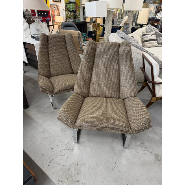 Textile 1970s Pair of Flat Bar Lounge Chairs Attributed to Milo Baughman Re-upholstered For Sale - Image 7 of 17