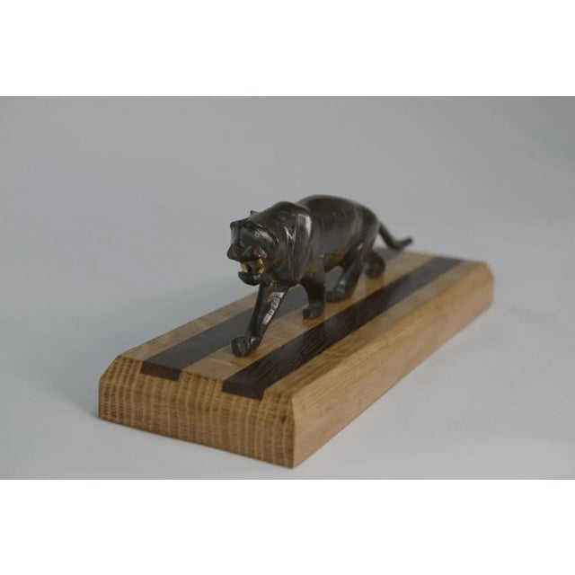 Beige Panther Sculpture on Oak Wood Base with Wenge Inlay, 1920s For Sale - Image 8 of 12