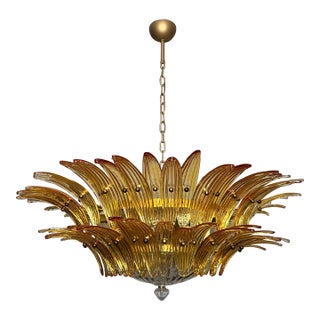 Murano Chandelier Ceiling Light “Palmette” 82 Amber Murano Glasses, Two-Tier Design For Sale