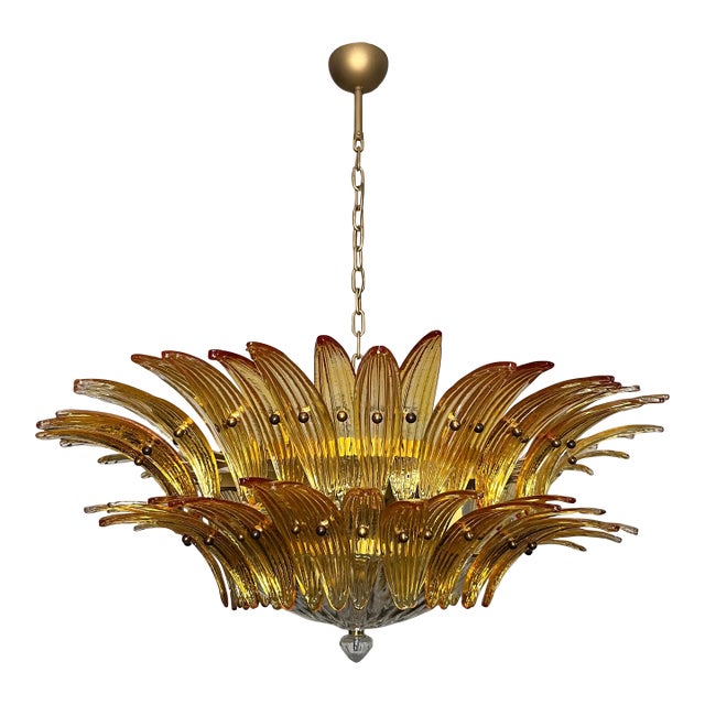Murano Chandelier Ceiling Light “Palmette” 82 Amber Murano Glasses, Two-Tier Design For Sale