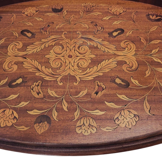 Monumental English Butler's Gallery Tray Edwardian Ornate Inlay Mahogany 27" For Sale - Image 12 of 14