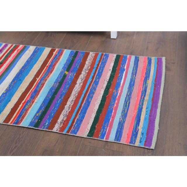 Vintage Turkish Hand-Knotted Wool Cotton Blue Kilim Runner Rug For Sale - Image 6 of 10
