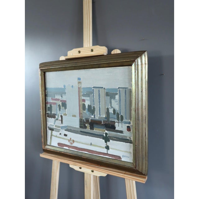 Mid-Century Modern 'City Blocks' Vintage Abstract Street Scene Landscape Oil Painting by by Swedish Artist Kurt Lindon (1910-1985), Framed For Sale - Image 4 of 9