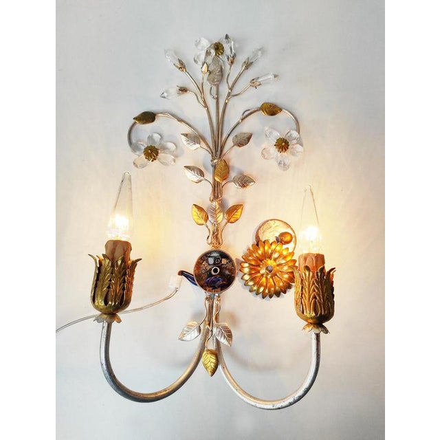 Metal Italian Wall Light in Silver and Gold Metal with Flowers, 1980s For Sale - Image 7 of 9