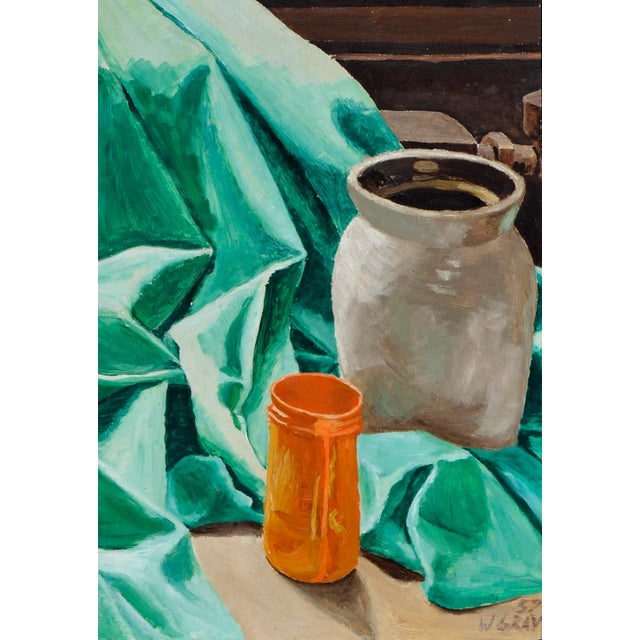 Classic mid century still-life of a green drape with vase, by W. Gray (American, 20th Century). Dated and signed by the...
