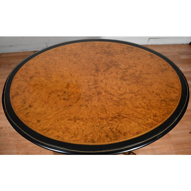 19th Antique Victorian Oval Center Table With Burl Wood Walnut Top & Ebonized Accents For Sale - Image 12 of 16