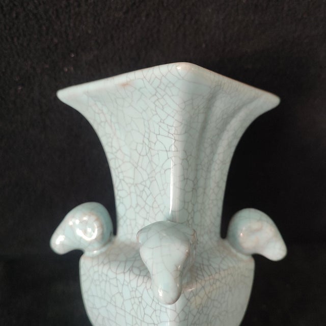 Chinese Ceramic Vase,Guan Ware Crackle Glaze Glaze Celadon Porcelain Vase Hand Carved Four Goat Head Statue For Sale In Seattle - Image 6 of 9