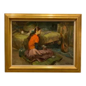 Vintage Female Figure in Though Signed Oil on Canvas Painting