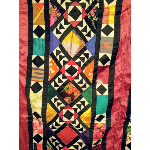 Traditional Vintage Uzbek Quilt, Hand-Stitched Silk, Geometric Pattern, Red & Turquoise, 39” X 73” For Sale - Image 3 of 12