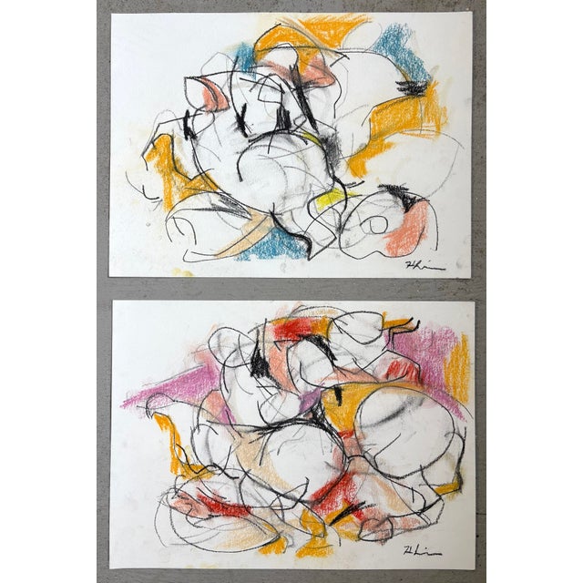 Figurative Equestrian Dance Blue and Yellow, Pastel and Charcoal on Paper, 15 X 11 Inches For Sale - Image 3 of 3