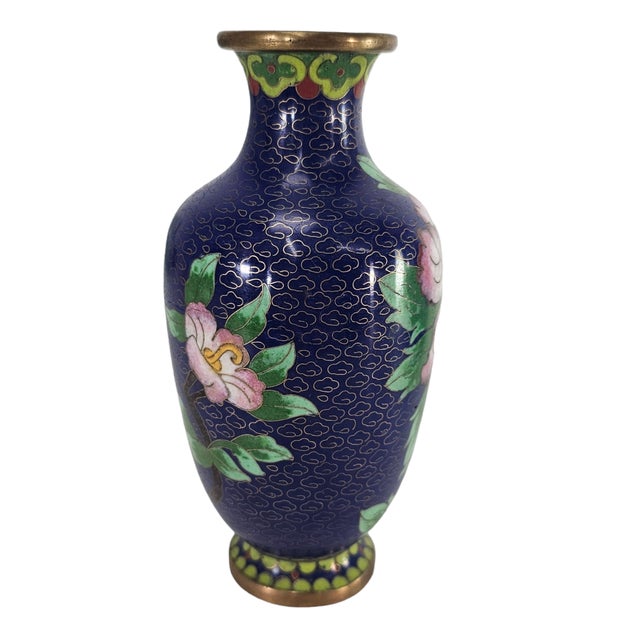 Chinese Cloisonné Floral Brass Vase 6.25" For Sale - Image 4 of 8