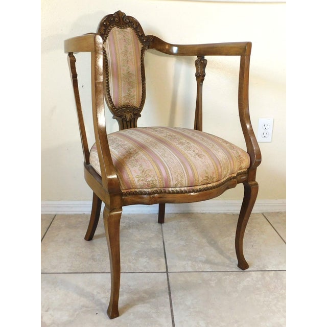 Early 20th Century Antique Victorian Pink Floral Striped Carved Wood Brass Studded Side/End Accent Chair For Sale - Image 5 of 15