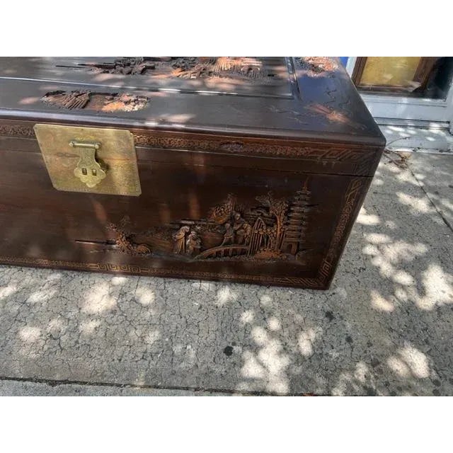 Asian Antique Large 60 Inches 1900s Antique Asian Camphorwood Trunk Coffee Table For Sale - Image 3 of 7