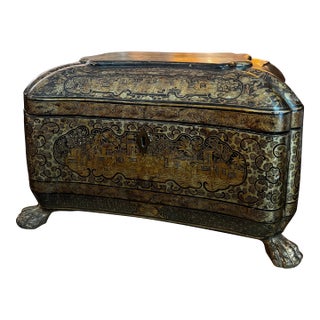 Antique 19th Century Chinese Export Gilt Lacquer Sarcophagus Tea Caddy For Sale