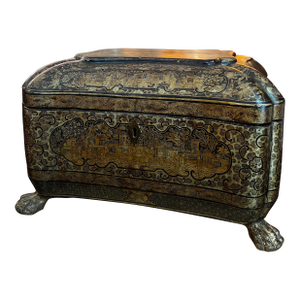 Antique 19th Century Chinese Export Gilt Lacquer Sarcophagus Tea Caddy