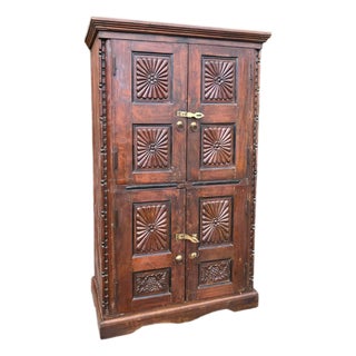 Antique Indian Sunburst Carved Armoire | Dark Wood Double-Door Wardrobe Cabinet 66 For Sale
