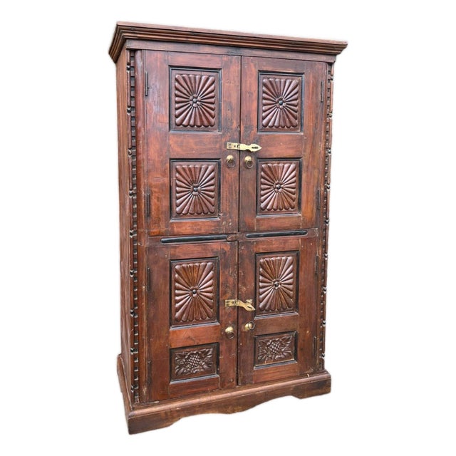 Antique Indian Sunburst Carved Armoire | Dark Wood Double-Door Wardrobe Cabinet 66 For Sale