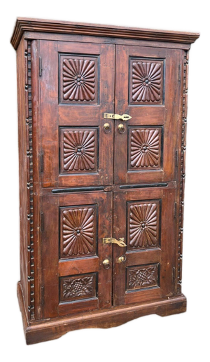 Antique Indian Sunburst Carved Armoire | Dark Wood Double-Door Wardrobe Cabinet 66