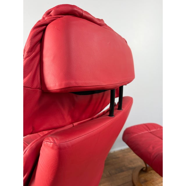 Red Leather Ekornes Stressless Chair & Ottoman For Sale - Image 9 of 12