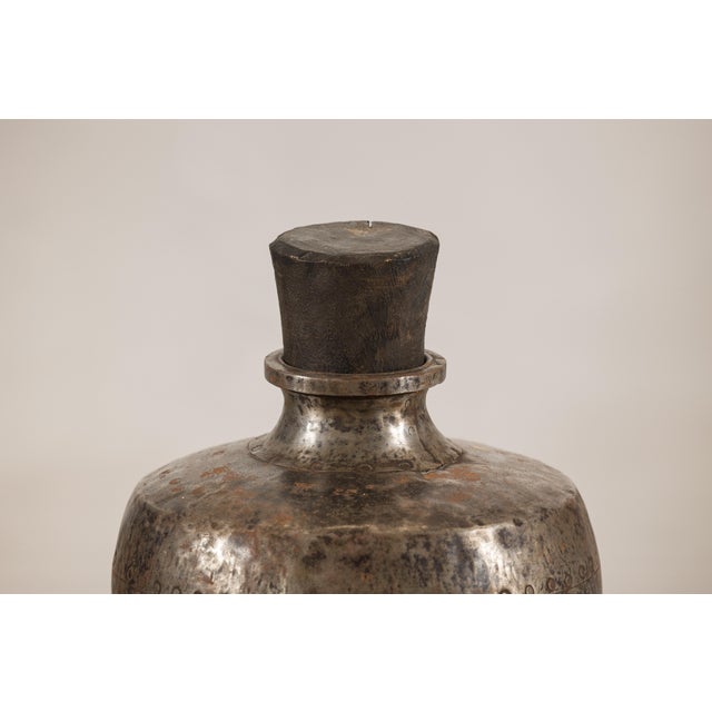 Vintage Indian Hammered Metal Water Vessel with Wooden Stopper For Sale - Image 9 of 13