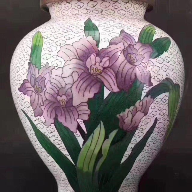 Pair of Vintage Cloisonné Enamel Iris Floral Lidded Jars / Tea Caddies For Sale - Image 4 of 15
